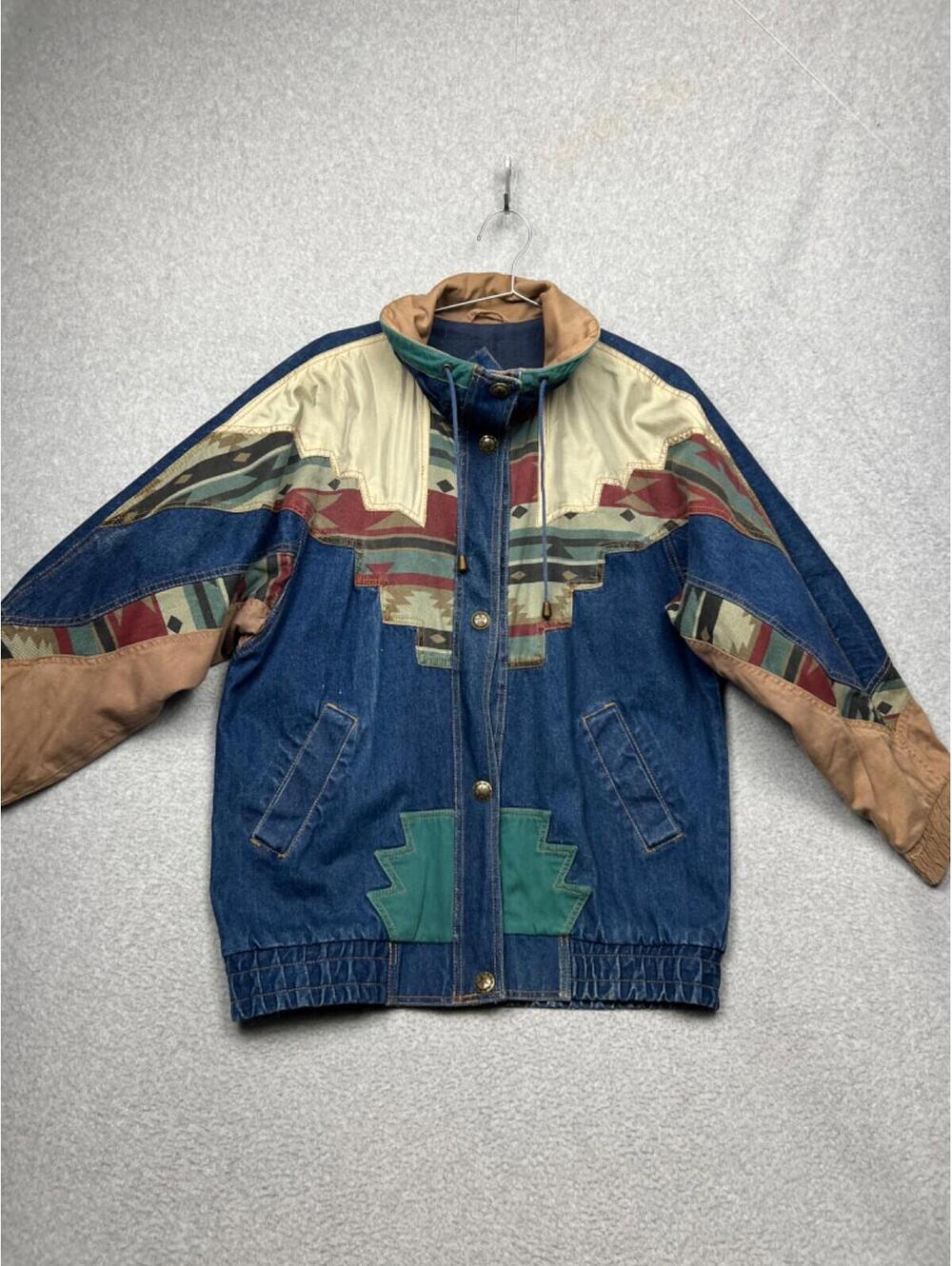 Vintage 80s 90s MidWest Aztec Womens L Denim Oversized Jacket Coat Western Boho